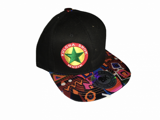 A black cap with colorful designs
