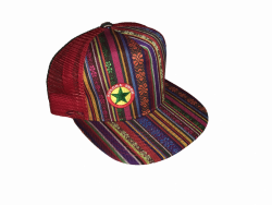 A red cap with tribal designs